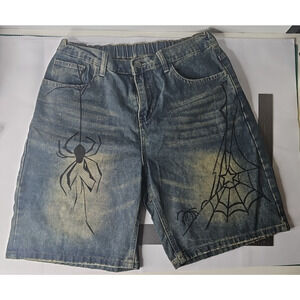 Y2K Nodok Blue Denim Shorts Loose Straight Leg Baggy Jeans Medium Spider Web
